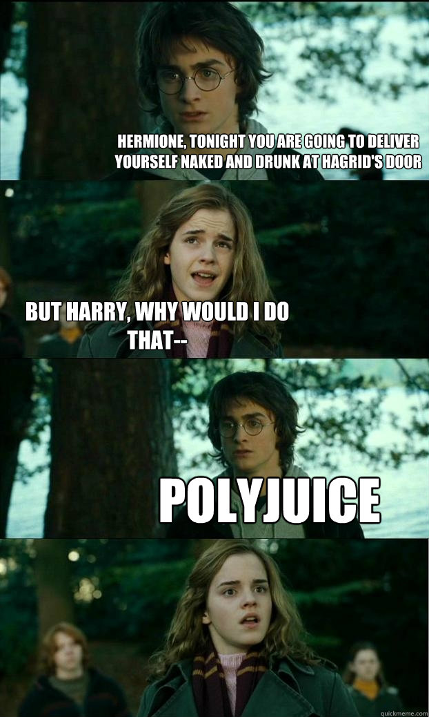 Hermione, tonight you are going to deliver yourself naked and drunk at Hagrid's door But harry, why would I do that-- polyjuice  Horny Harry