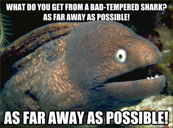 What do you get from a bad-tempered shark?
As far away as possible! As far away as possible! - What do you get from a bad-tempered shark?
As far away as possible! As far away as possible!  Bad Joke Eel