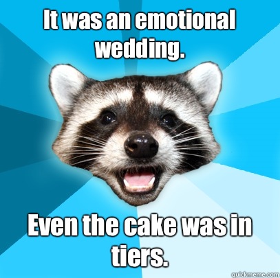 It was an emotional wedding. Even the cake was in tiers.	  Lame Pun Coon