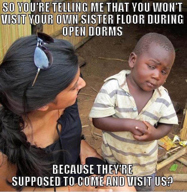 SO YOU'RE TELLING ME THAT YOU WON'T VISIT YOUR OWN SISTER FLOOR DURING OPEN DORMS BECAUSE THEY'RE SUPPOSED TO COME AND VISIT US? Skeptical Third World Kid