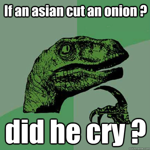 If an asian cut an onion ? did he cry ? - If an asian cut an onion ? did he cry ?  Philosoraptor