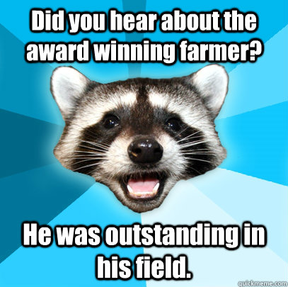 Did you hear about the award winning farmer? He was outstanding in his field.  Lame Pun Coon