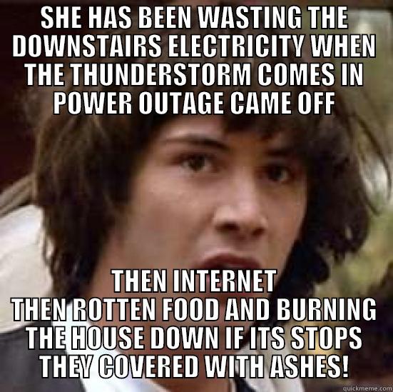 SHE HAS BEEN WASTING THE DOWNSTAIRS ELECTRICITY WHEN THE THUNDERSTORM COMES IN POWER OUTAGE CAME OFF THEN INTERNET THEN ROTTEN FOOD AND BURNING THE HOUSE DOWN IF ITS STOPS THEY COVERED WITH ASHES! conspiracy keanu