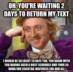 oh, you're waiting 2 days to return my text I would be so lucky to date you, you know with you having such a busy schedule and your 20 hour/wk cocktail waitress job and all - oh, you're waiting 2 days to return my text I would be so lucky to date you, you know with you having such a busy schedule and your 20 hour/wk cocktail waitress job and all  Condescending Wonka