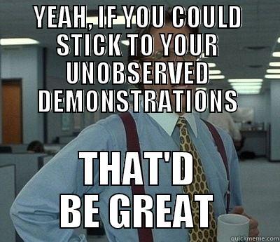 YEAH, IF YOU COULD STICK TO YOUR UNOBSERVED DEMONSTRATIONS THAT'D BE GREAT Bill Lumbergh