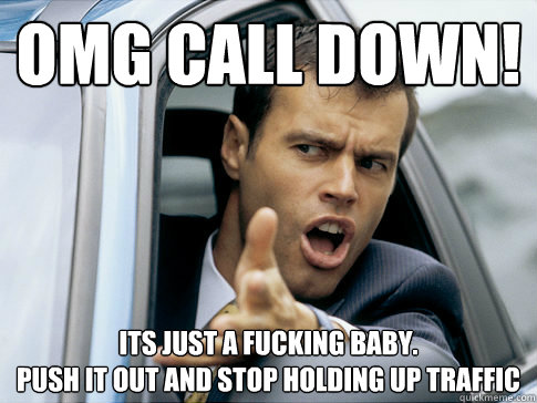 omg call down! its just a fucking baby. 
push it out and stop holding up traffic  Asshole driver