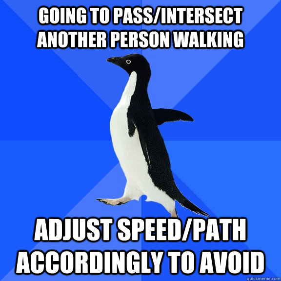 going to pass/intersect another person walking adjust speed/path accordingly to avoid  Socially Awkward Penguin