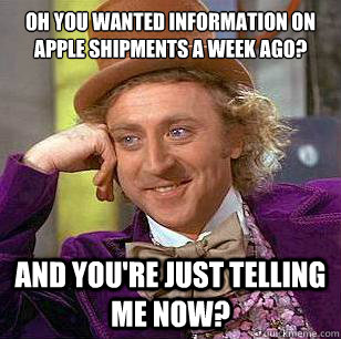 Oh you wanted information on Apple shipments a week ago? and you're just telling me now? - Oh you wanted information on Apple shipments a week ago? and you're just telling me now?  Condescending Wonka