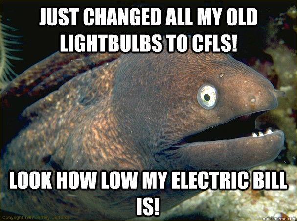 Just changed all my old lightbulbs to CFLs! Look how low my electric bill is!  Bad Joke Eel