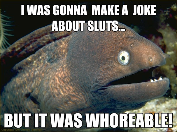 I was gonna  make a  joke about sluts... but it was whoreable!  Bad Joke Eel