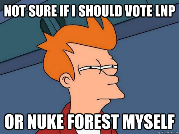 Not sure if I should vote LNP or nuke forest myself  Futurama Fry