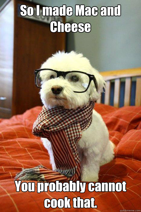 So I made Mac and Cheese You probably cannot cook that.  Hipster Dog