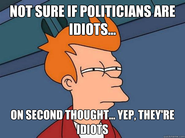 not sure if politicians are idiots... on second thought... Yep, they're idiots  Futurama Fry