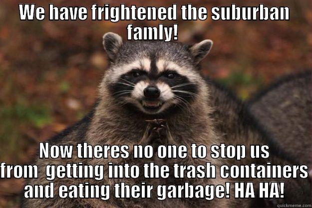 WE HAVE FRIGHTENED THE SUBURBAN FAMLY!  NOW THERES NO ONE TO STOP US FROM  GETTING INTO THE TRASH CONTAINERS AND EATING THEIR GARBAGE! HA HA! Evil Plotting Raccoon