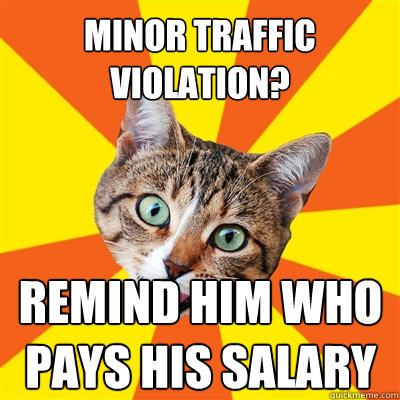 Minor traffic violation? remind him who pays his salary - Minor traffic violation? remind him who pays his salary  Bad Advice Cat