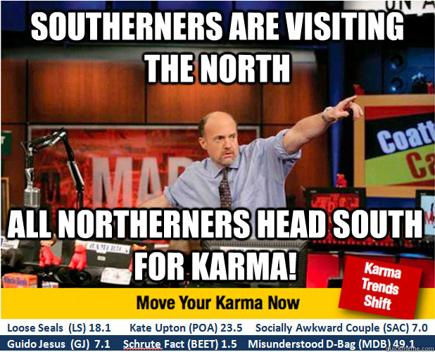 southerners are visiting the north all northerners head south for karma! - southerners are visiting the north all northerners head south for karma!  Jim Kramer with updated ticker