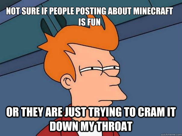 Not sure if people posting about minecraft is fun or they are just trying to cram it down my throat  Futurama Fry