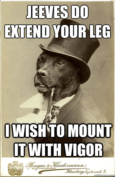 Jeeves do extend your leg
 I wish to Mount it with vigor - Jeeves do extend your leg
 I wish to Mount it with vigor  Old Money Dog