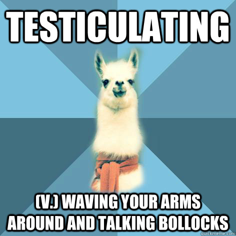 TESTICULATING (v.) Waving your arms around and talking bollocks - TESTICULATING (v.) Waving your arms around and talking bollocks  Linguist Llama