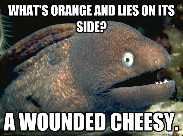 What's orange and lies on its side? a wounded cheesy.  Bad Joke Eel