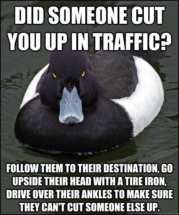 Did someone cut you up in traffic? Follow them to their destination, go upside their head with a tire iron, drive over their ankles to make sure they can't cut someone else up. - Did someone cut you up in traffic? Follow them to their destination, go upside their head with a tire iron, drive over their ankles to make sure they can't cut someone else up.  Revenge Duck