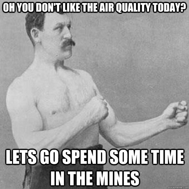 oh you don't like the air quality today? lets go spend some time in the mines  overly manly man