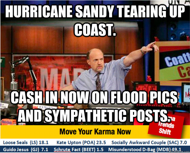 Hurricane Sandy Tearing up Coast. Cash in now on flood pics and sympathetic posts.  