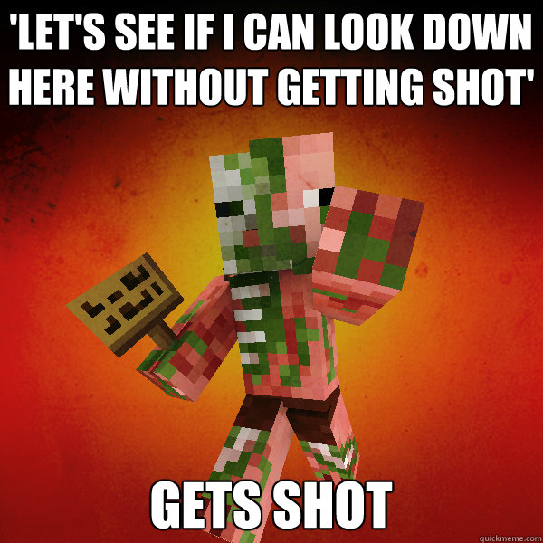 'Let's see if I can look down here without getting shot' Gets shot - 'Let's see if I can look down here without getting shot' Gets shot  Zombie Pigman Zisteau