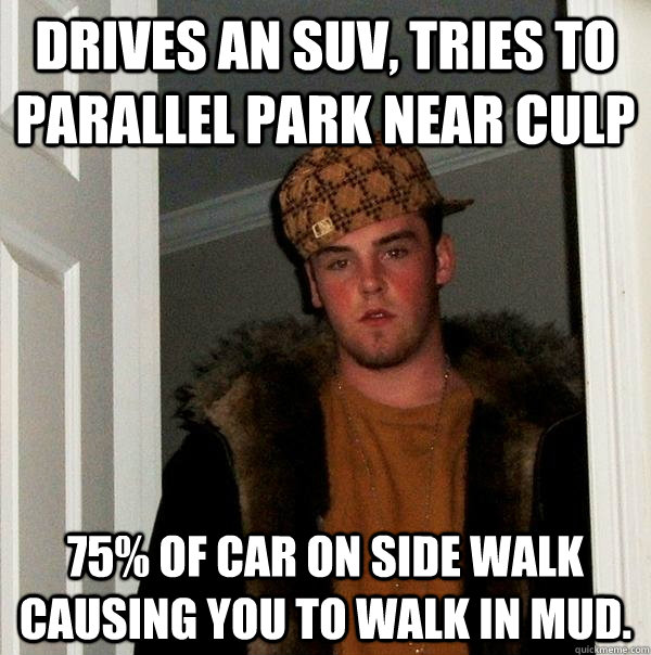 Drives An suv, tries to parallel park near culp 75% of car on side walk causing you to walk in mud.  Scumbag Steve