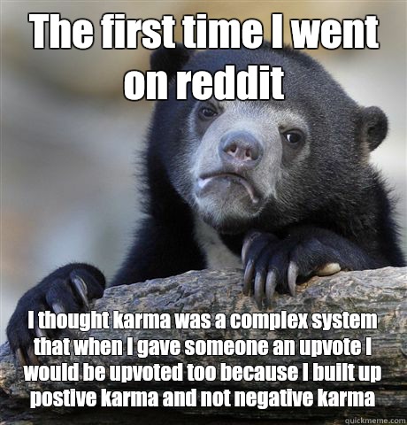 The first time I went on reddit I thought karma was a complex system that when I gave someone an upvote I would be upvoted too because I built up postive karma and not negative karma  Confession Bear