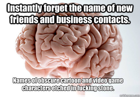 Instantly forget the name of new friends and business contacts.  
Names of obscure cartoon and video game characters etched in fucking stone. 
   Scumbag Brain