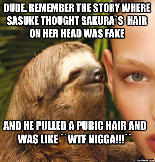 dude. remember the story where sasuke thought sakura`s  hair on her head was fake and he pulled a pubic hair and was like ``WTF nigga!!!``  rape sloth