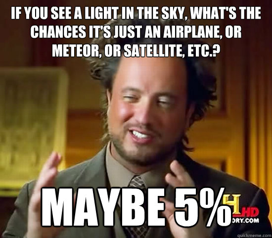 if you see a light in the sky, what's the chances it's just an airplane, or meteor, or satellite, etc.? maybe 5% - if you see a light in the sky, what's the chances it's just an airplane, or meteor, or satellite, etc.? maybe 5%  Ancient Aliens