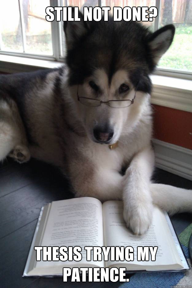 Still not done? Thesis trying my patience.   Condescending Literary Pun Dog