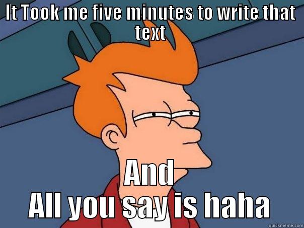 IT TOOK ME FIVE MINUTES TO WRITE THAT TEXT AND ALL YOU SAY IS HAHA Futurama Fry