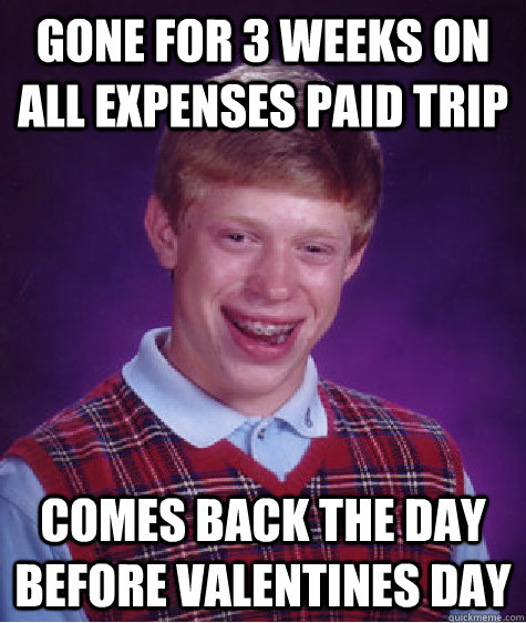 Gone for 3 weeks on all expenses paid trip Comes back the day before Valentines day  Bad Luck Brian