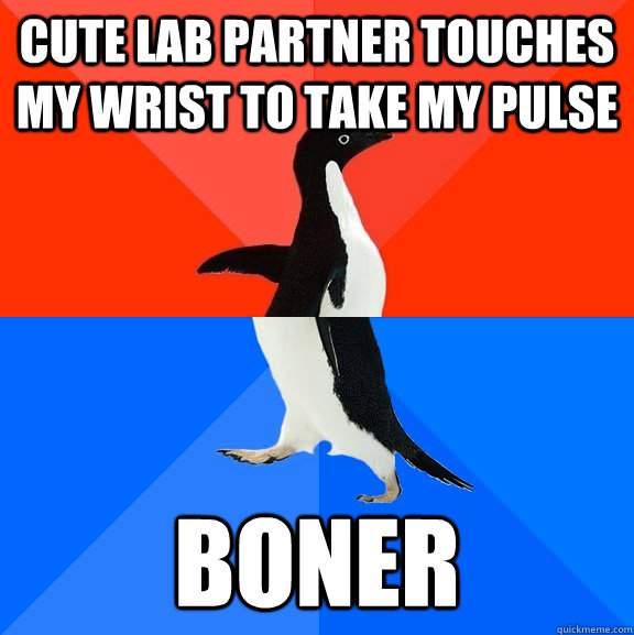 Cute Lab partner touches my wrist to take my pulse Boner  Socially Awesome Awkward Penguin