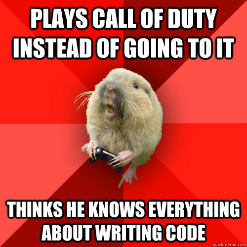 Plays call of duty instead of going to it Thinks he knows everything about writing code - Plays call of duty instead of going to it Thinks he knows everything about writing code  Gaming Gopher