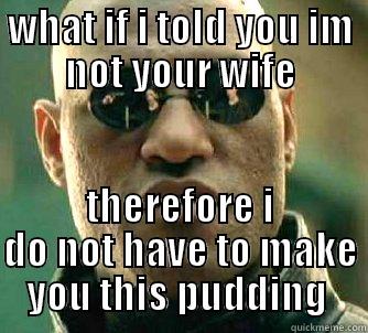 WHAT IF I TOLD YOU IM NOT YOUR WIFE THEREFORE I DO NOT HAVE TO MAKE YOU THIS PUDDING  Matrix Morpheus