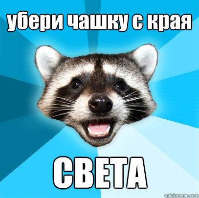 убери чашку с края СВЕТА  Lame Pun Coon