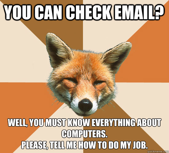 You can check email? Well, you must know everything about computers.
Please, tell me how to do my job.  Condescending Fox