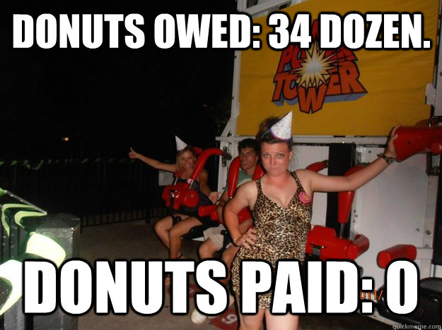 Donuts owed: 34 Dozen. Donuts Paid: 0  