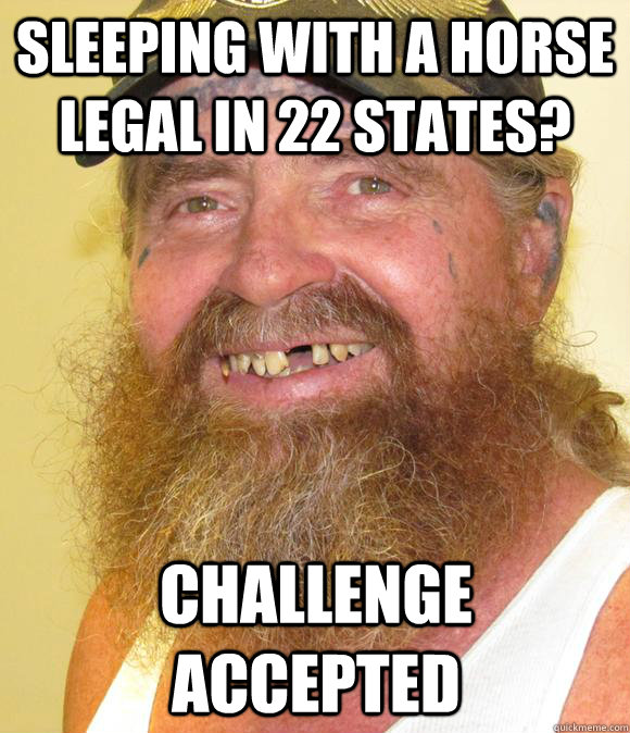 Sleeping with a horse legal in 22 states? Challenge Accepted  Happy Hillbilly