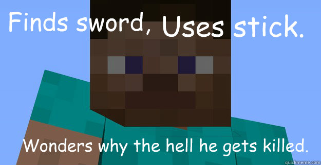 Finds sword, Uses stick. Wonders why the hell he gets killed. - Finds sword, Uses stick. Wonders why the hell he gets killed.  Minecraft First World Problems