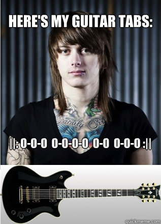 Here's My Guitar Tabs: ||: 0-0-0  0-0-0-0  0-0  0-0-0 :||  Crabcore Djent Douche