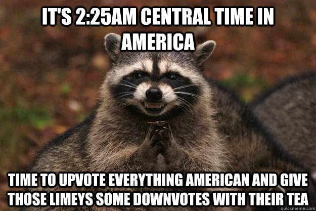 it's 2:25AM Central time in america time to upvote everything american and give those limeys some downvotes with their tea  - it's 2:25AM Central time in america time to upvote everything american and give those limeys some downvotes with their tea   Evil Plotting Raccoon