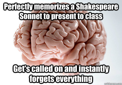 Perfectly memorizes a Shakespeare Sonnet to present to class Get's called on and instantly forgets everything  - Perfectly memorizes a Shakespeare Sonnet to present to class Get's called on and instantly forgets everything   Scumbag Brain