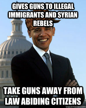 gives guns to illegal immigrants and syrian rebels take guns away from law abiding citizens  Scumbag Obama