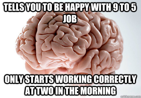 Tells you to be happy with 9 to 5 job Only starts working correctly at two in the morning  Scumbag Brain