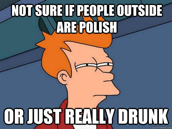 Not sure if people outside are polish Or just really drunk  Futurama Fry